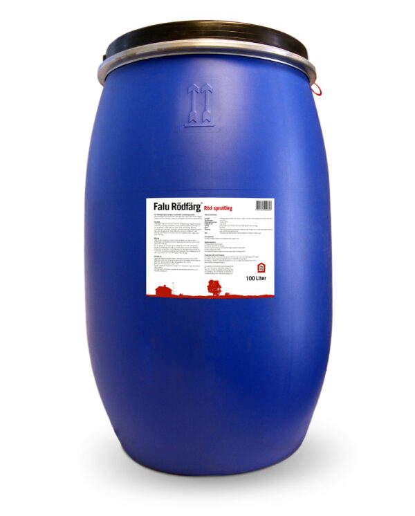 Ett 100 liters fat med Falu Rödfärg Original Sprutfärg Röd.